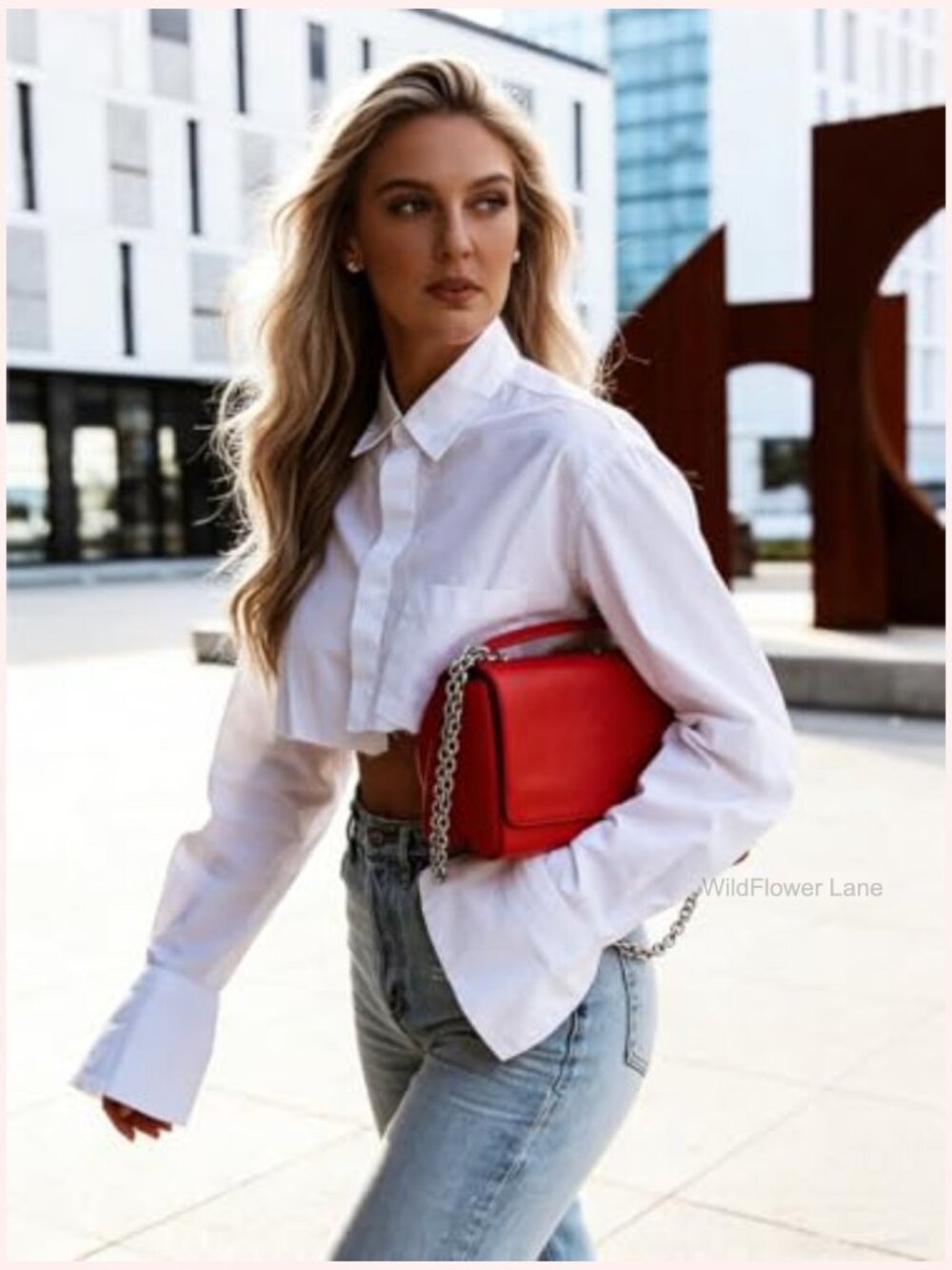 Cropped Oversized Long Sleeve Button Down Blouse - Picture 4 of 5